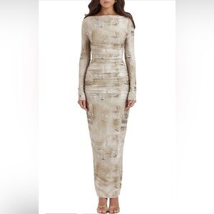 House of CB Lanetta Pale Sage Printed Ruched Maxi Dress NWT L+